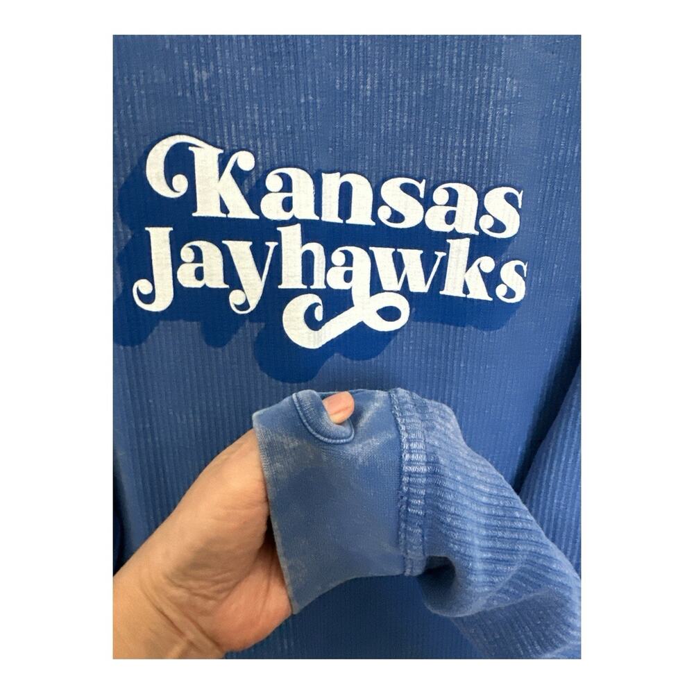 Kansas Jayhawks long sleeve Heavy Shirt Blue& White Pullover Size L - Picture 2 of 4
